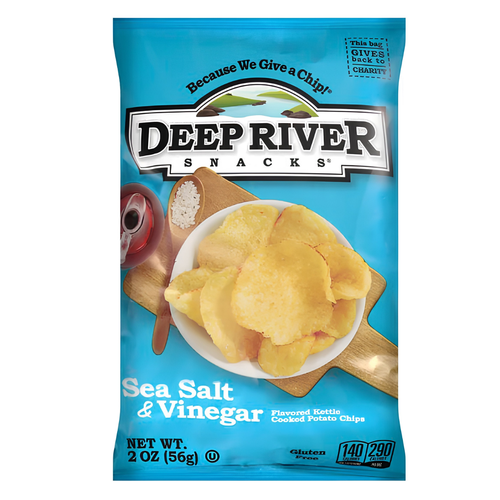 Crispy krinkle-cut potato chips in a blue bag, seasoned with sea salt and vinegar