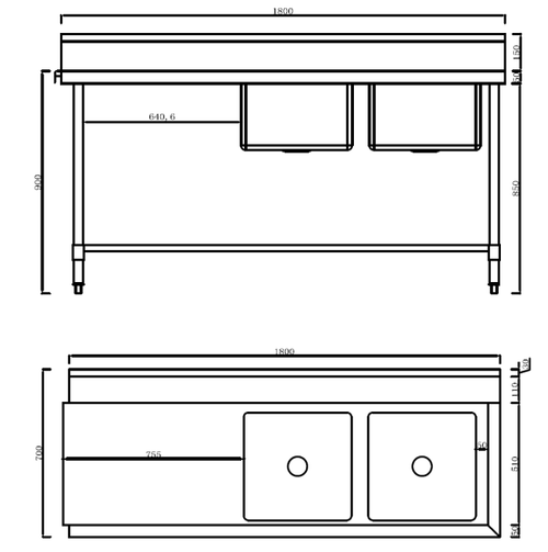 Kitchen Knock KB INLET DOUBLE SINK BENCH WITH SPLASH BACK 1800MM L X 700MM D X 900MM H ASDD-1870RL