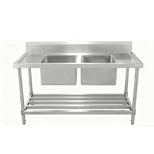 Work Bench - Double Sink with Pipe Undershelf