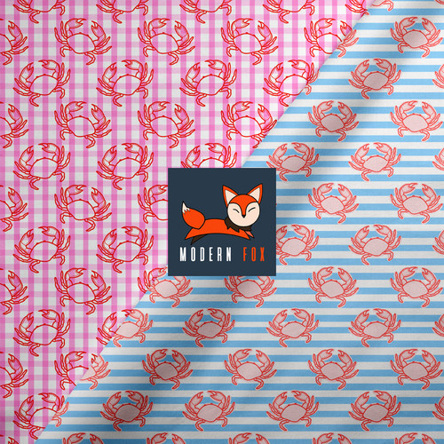CRAB6 - Crab Gingham, Cute Crab Blue Coastal Stripe.