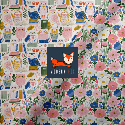 OWL5 - Whimsical Pink and Blue Owls, Cottage Garden Floral
