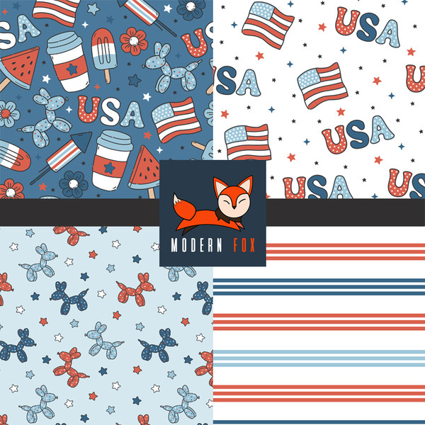 ID94 -  RED and BLUE, Retro Floral Fourth July