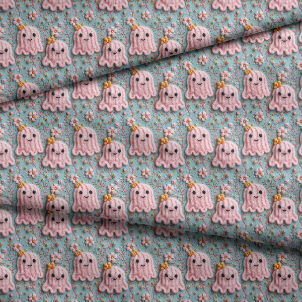 HAL266 - Faux Knit Crochet Pink Ghosts. This pattern is a PRINTED Embroidery Fabric, NOT Actual Crochet Knit Fabric, NO Texture