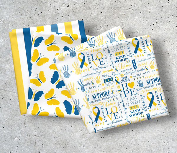FQ52 - Down Syndrome Awareness Fat Quarter Bundle of 4, 100% Organic Cotton Sateen.