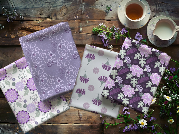 FQ57 - Purple Floral Pattern Fat Quarter Bundle of 4, 100% Organic Cotton Sateen.