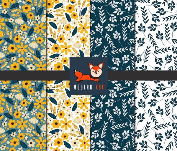 FLW382 - Meadow flowers and leaves in country blue, navy and yellow