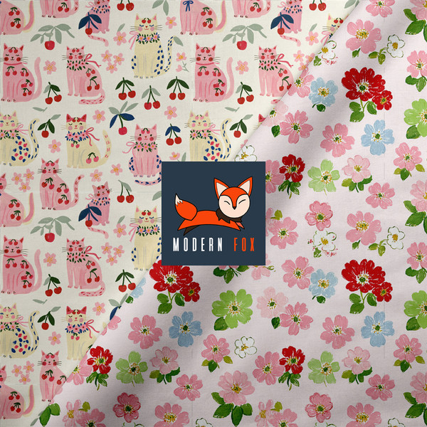 CT30 - Cute Cherry Cat Floral Fabric, Spring Bloom Floral