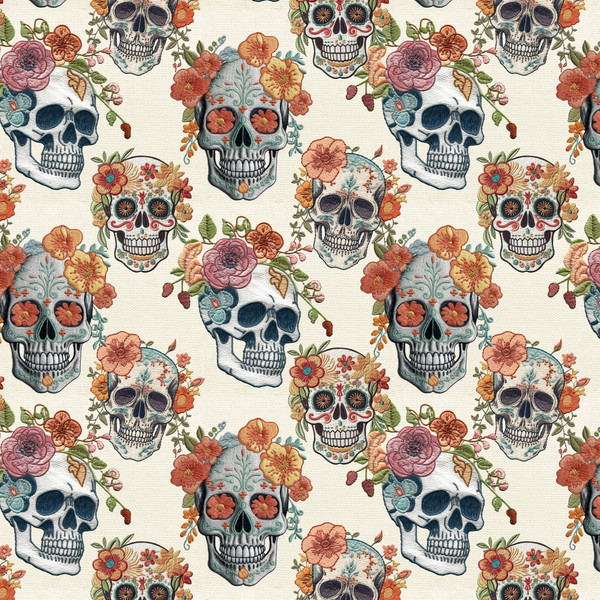 Printed Embroidery Skull Flowers (HAL188)
