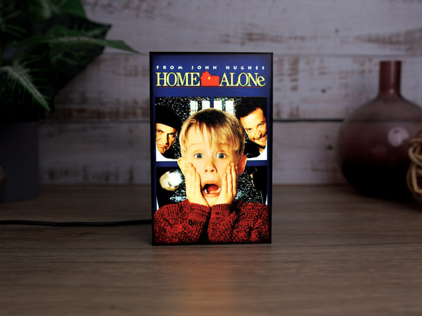USB‑powered Home Alone LED sign featuring classic movie artwork in festive lighting.