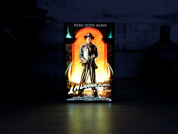LED collectible sign showing vibrant Temple of Doom movie artwork on a 3D‑printed frame.