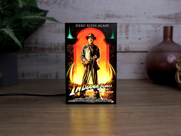 Illuminated Indiana Jones artwork featuring Temple of Doom poster design lit by LED lighting.