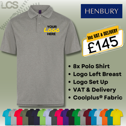8x Henbury CoolPlus Polos With Embroidery