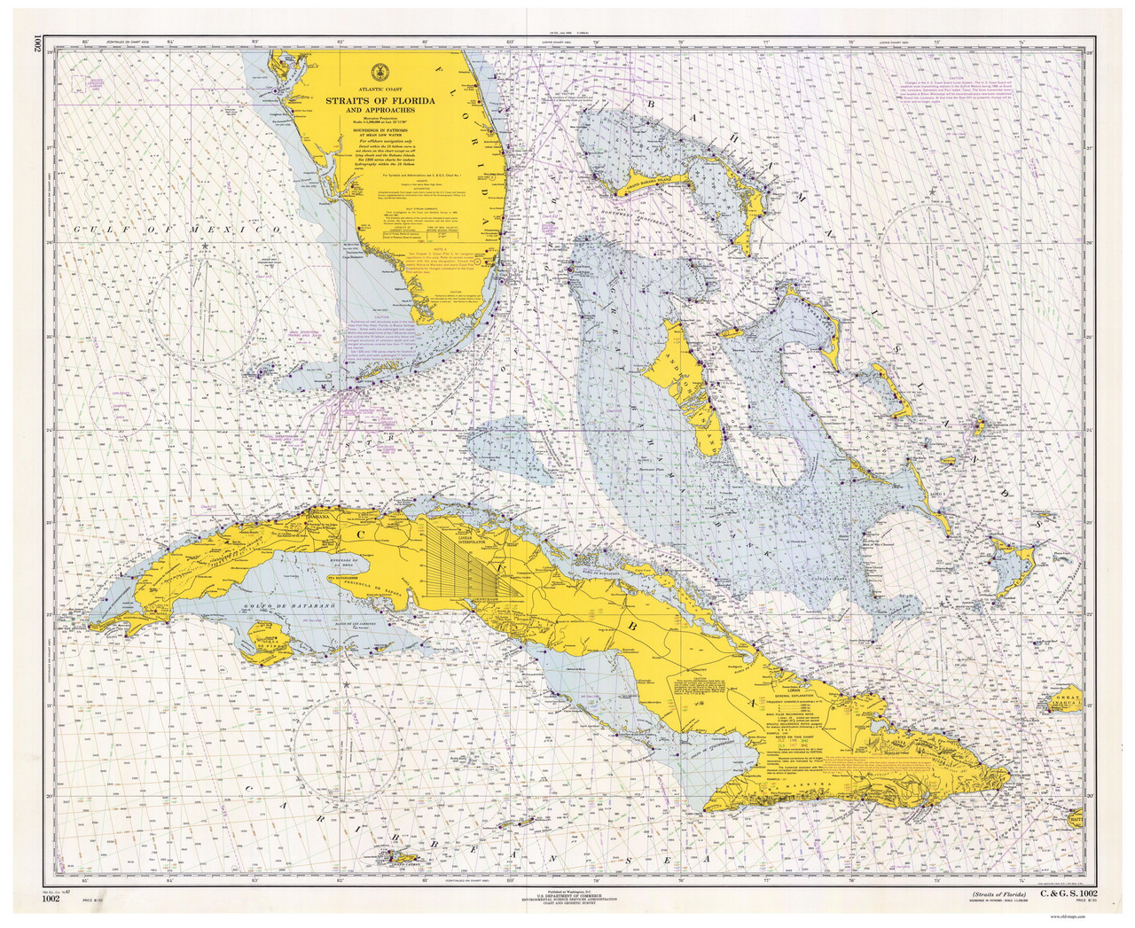 Straits of Florida and Approaches 1967 Old Map Nautical Chart 1:1,210,765 sc Reprint 1002 - OLD MAPS straits-of-florida-and-approaches-1967-old-map-nautical-chart-1-1-210-765-sc-reprint-1002-old-maps