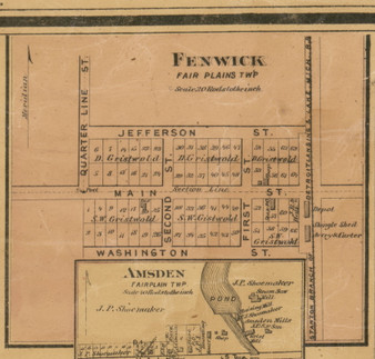 Fenwick Village, Fairplain, Michigan 1875 Old Town Map Custom Print - Montcalm Co.