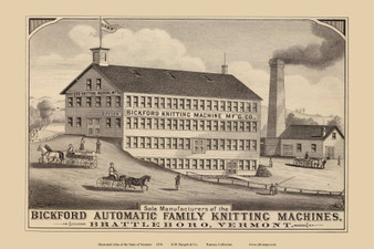 Bickford Knitting Machine Manufacturers, Brattleboro 1876- from the Burgett & Co Vermont State Atlas - Old Map Reprint 20b
