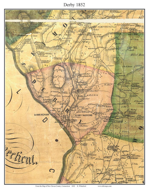 Derby, Connecticut 1852 New Haven Co. - Old Map Custom Print