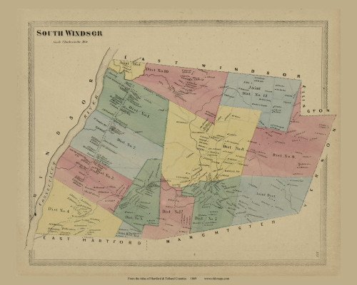South Windsor, Connecticut 1869 Hartford Co. - Old Map Reprint