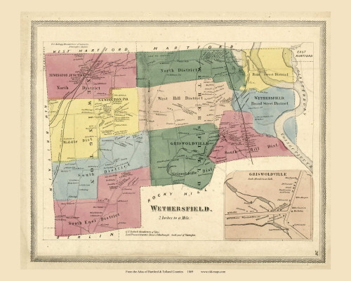 Wethersfield, Connecticut 1869 Hartford Co. - Old Map Reprint
