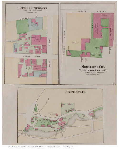 Middletown Factories, Connecticut 1874 Old Town Map Reprint - Middlesex Co.