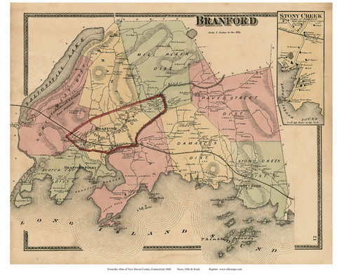 Branford Town and Stony Creek Village, Connecticut 1868 Old Town Map Reprint - New Haven Co.
