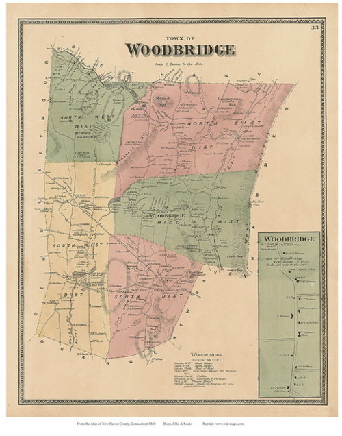 Woodbridge Town and Village, Connecticut 1868 Old Town Map Reprint - New Haven Co.