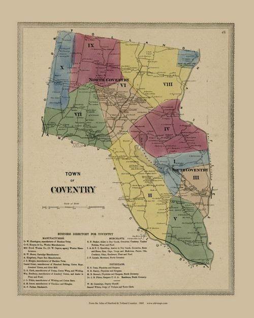 Coventry, Connecticut 1869 Tolland Co. - Old Map Reprint