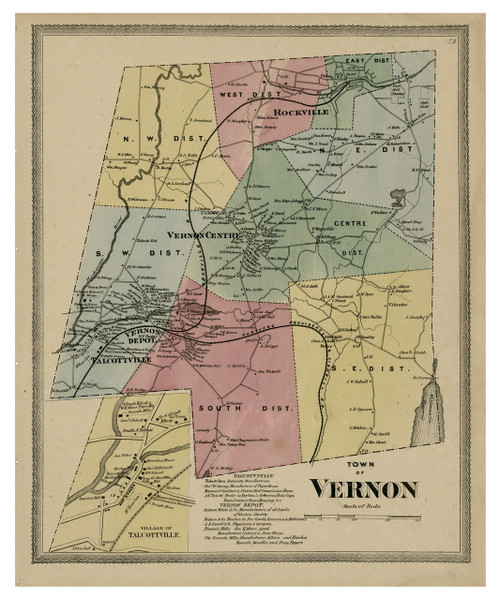 Vernon, Connecticut 1869 Tolland Co. - Old Map Reprint