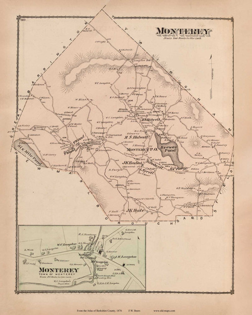Monterey & Monterey Village, Massachusetts 1876 Old Town Map Reprint - Berkshire Co. 83