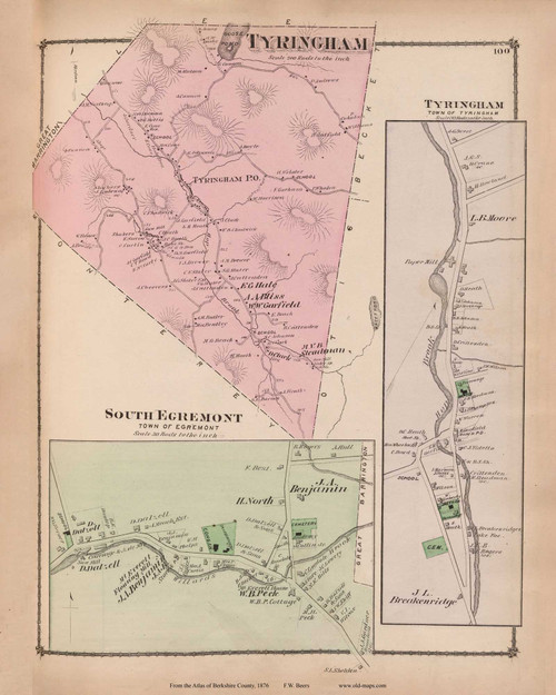 Tyringham, Tyringham Village & South Egremont, Massachusetts 1876 Old Town Map Reprint - Berkshire Co. 91