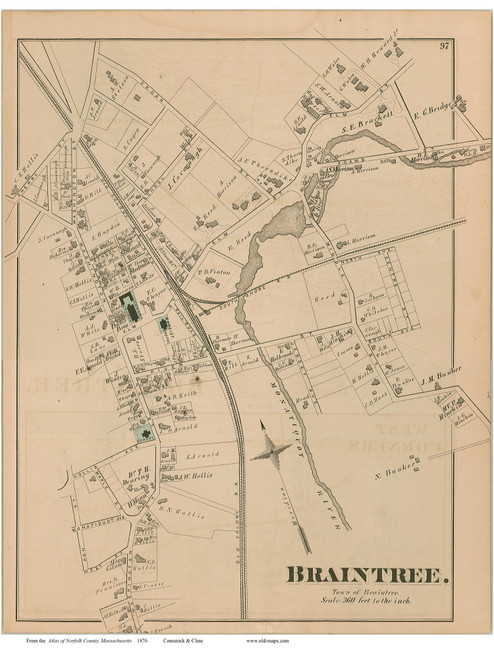 Braintree Village, Massachusetts 1876 Old Town Map Reprint - Norfolk Co.