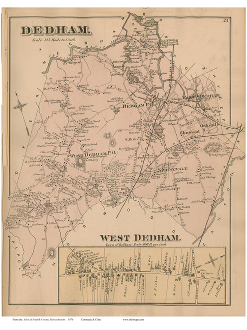 Dedham, Massachusetts 1876 Old Town Map Reprint - Norfolk Co.