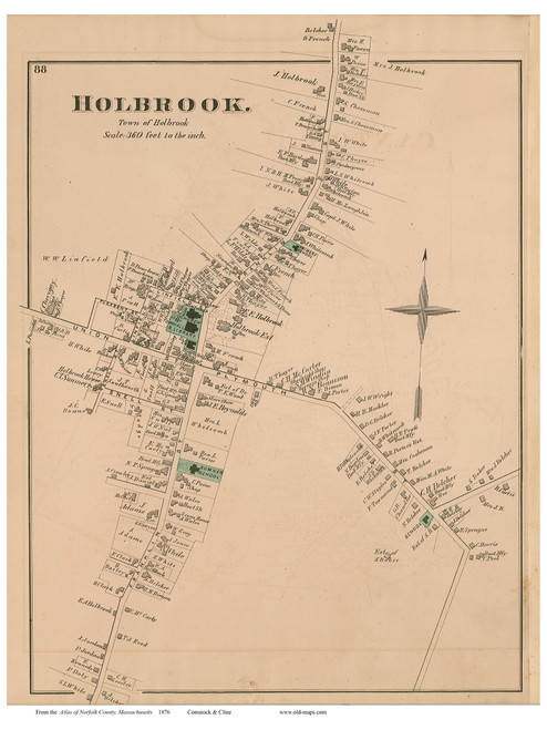 Holbrook Village, Massachusetts 1876 Old Town Map Reprint - Norfolk Co.