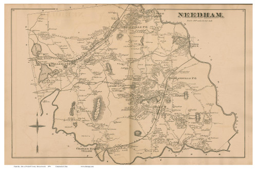 Needham, Massachusetts 1876 Old Town Map Reprint - Norfolk Co.