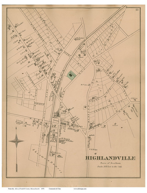 Highlandville - Needham, Massachusetts 1876 Old Town Map Reprint - Norfolk Co.