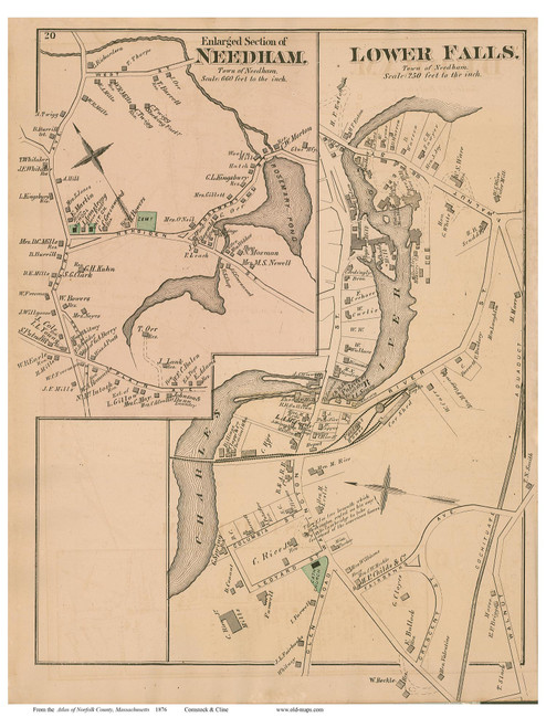 Needham and Lower Falls Villages, Massachusetts 1876 Old Town Map Reprint - Norfolk Co.
