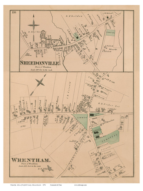 Wrentham and Sheedonville Villages, Massachusetts 1876 Old Town Map Reprint - Norfolk Co.
