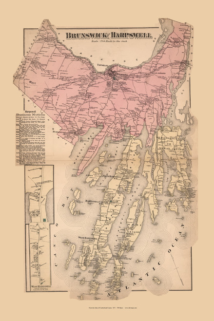 Brunswick and Harpswell Towns, West Harpswell Village, Maine 1871 Old Town Map Reprint Cumberland Co.