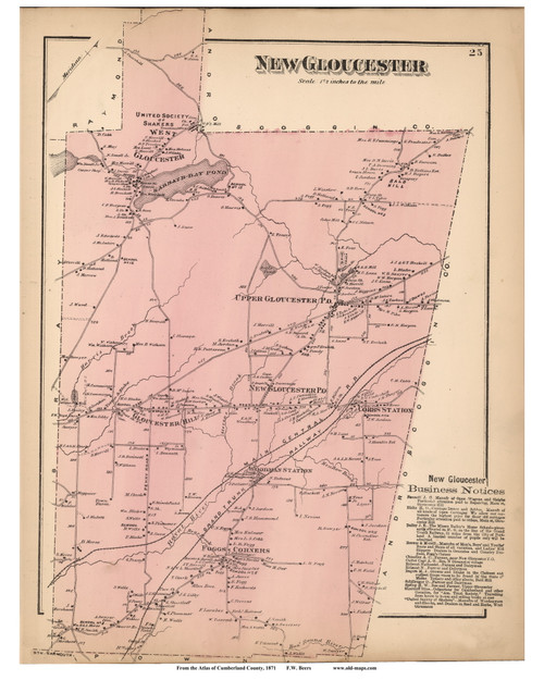 New Gloucester, Maine 1871 Old Town Map Reprint Cumberland Co.