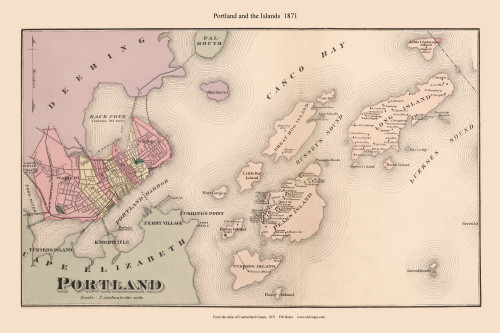 Portland and the Islands - Custom, Maine 1871 Old Town Map Reprint Cumberland Co.
