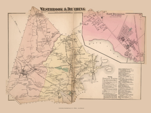 Westbrook and Deering Towns, East Deering Village, Maine 1871 Old Town Map Reprint Cumberland Co.