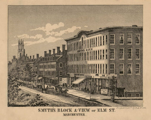 Smyth's Block & Elm St., New Hampshire 1858 Hillsboro Co.