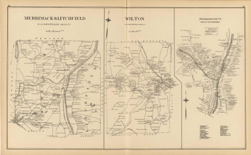 Merrimack & Litchfield Towns, Wilton Town, Peterborough P.O., New Hampshire 1892 Old Town Map Reprint - Hurd State Atlas Hillsboro