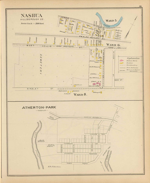 Nashua City - Wards 5, 6, 8, Atherton Park, New Hampshire 1892 Old Town Map Reprint - Hurd State Atlas Hillsboro