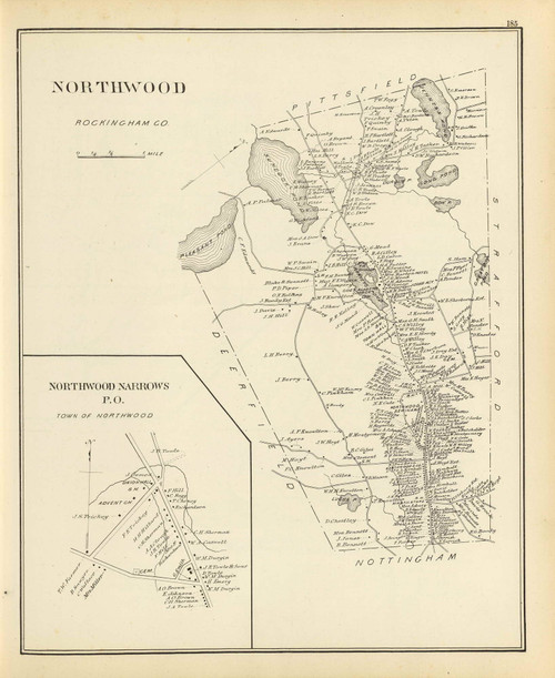 Northwood Town, Northwood Narrows P.O., New Hampshire 1892 Old Town Map Reprint - Hurd State Atlas Rockingham