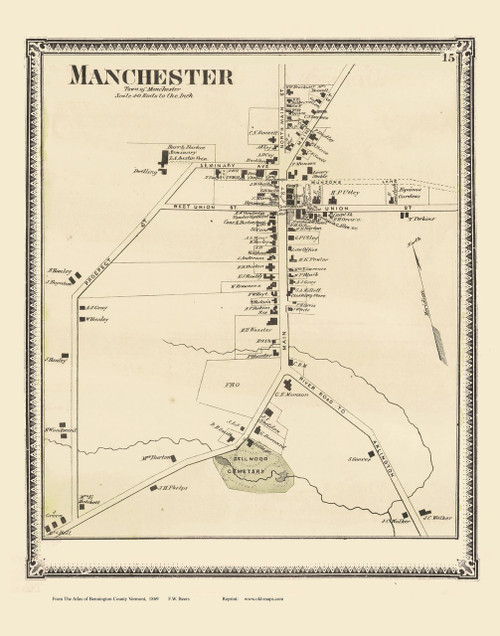 Manchester Village, Vermont 1869 Old Town Map Reprint - Bennington Co.