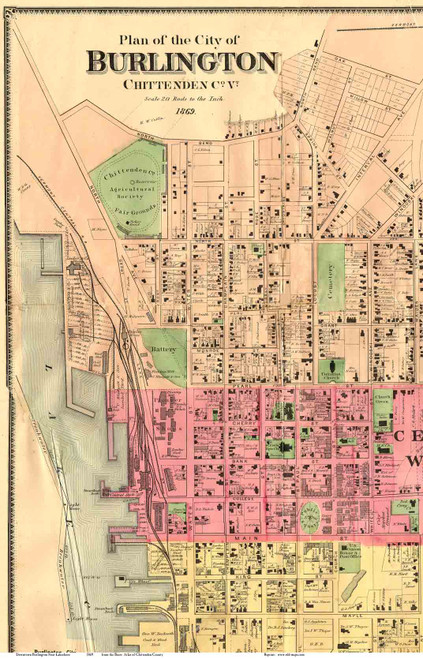 Burlington Downtown, Vermont 1869 Old Town Map Reprint - Chittenden Co.