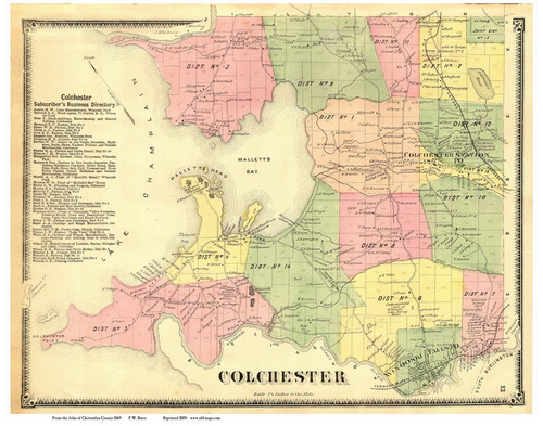 Colchester, Vermont 1869 Old Town Map Reprint - Chittenden Co.