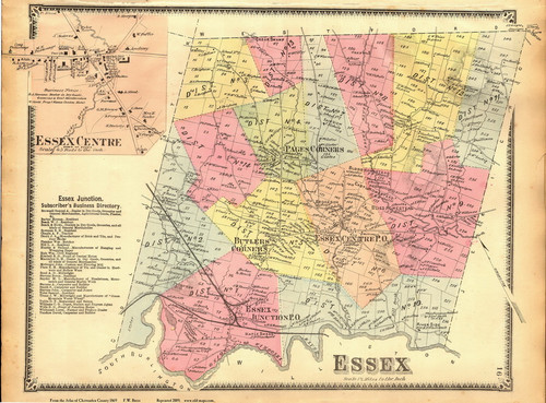 Essex Town and Essex Centre Village, Vermont 1869 Old Town Map Reprint - Chittenden Co.