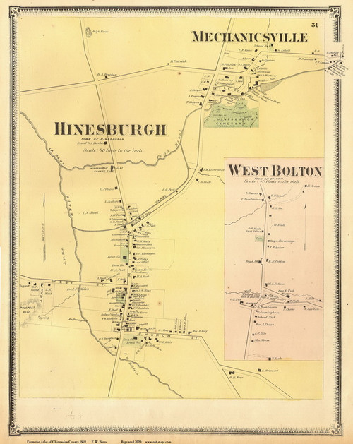 Hinesburgh, Mechanicsville, and West Bolton Villages, Vermont 1869 Old Town Map Reprint - Chittenden Co.