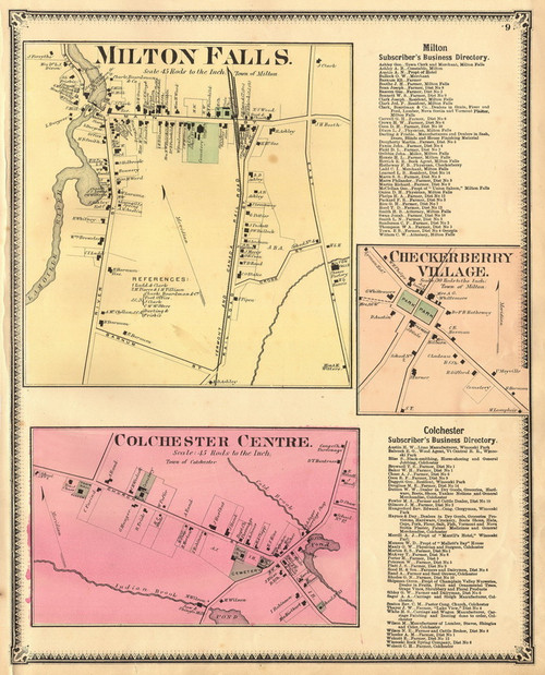 Milton Falls, Checkerberry, and Colchester Centre Villages, Vermont 1869 Old Town Map Reprint - Chittenden Co.